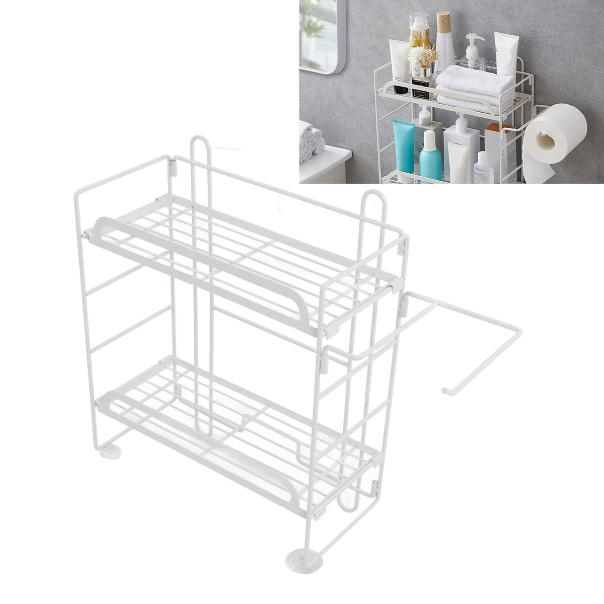 Toilet Storage Shelves Iron Wall Mounted 2 Layers Foldable Grid Home Decoration with Hooks for Bathroom White