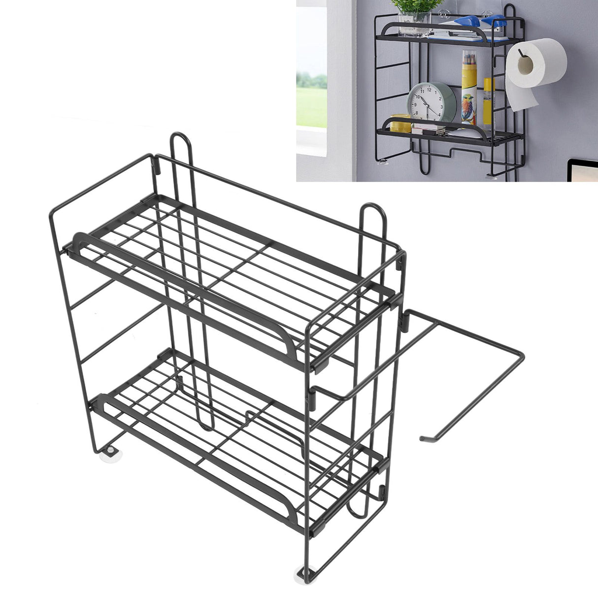 Toilet Storage Shelves Iron Wall Mounted 2 Layers Foldable Grid Home Decoration with Hooks for Bathroom Black