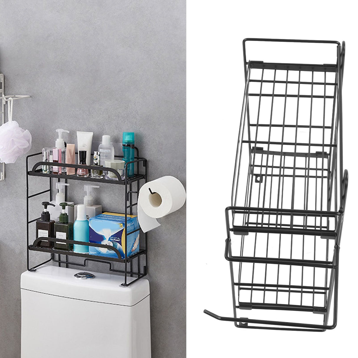 Toilet Storage Shelves Iron Wall Mounted 2 Layers Foldable Grid Home Decoration with Hooks for Bathroom Black