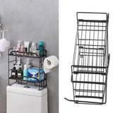 Toilet Storage Shelves Iron Wall Mounted 2 Layers Foldable Grid Home Decoration with Hooks for Bathroom Black - Extra Image