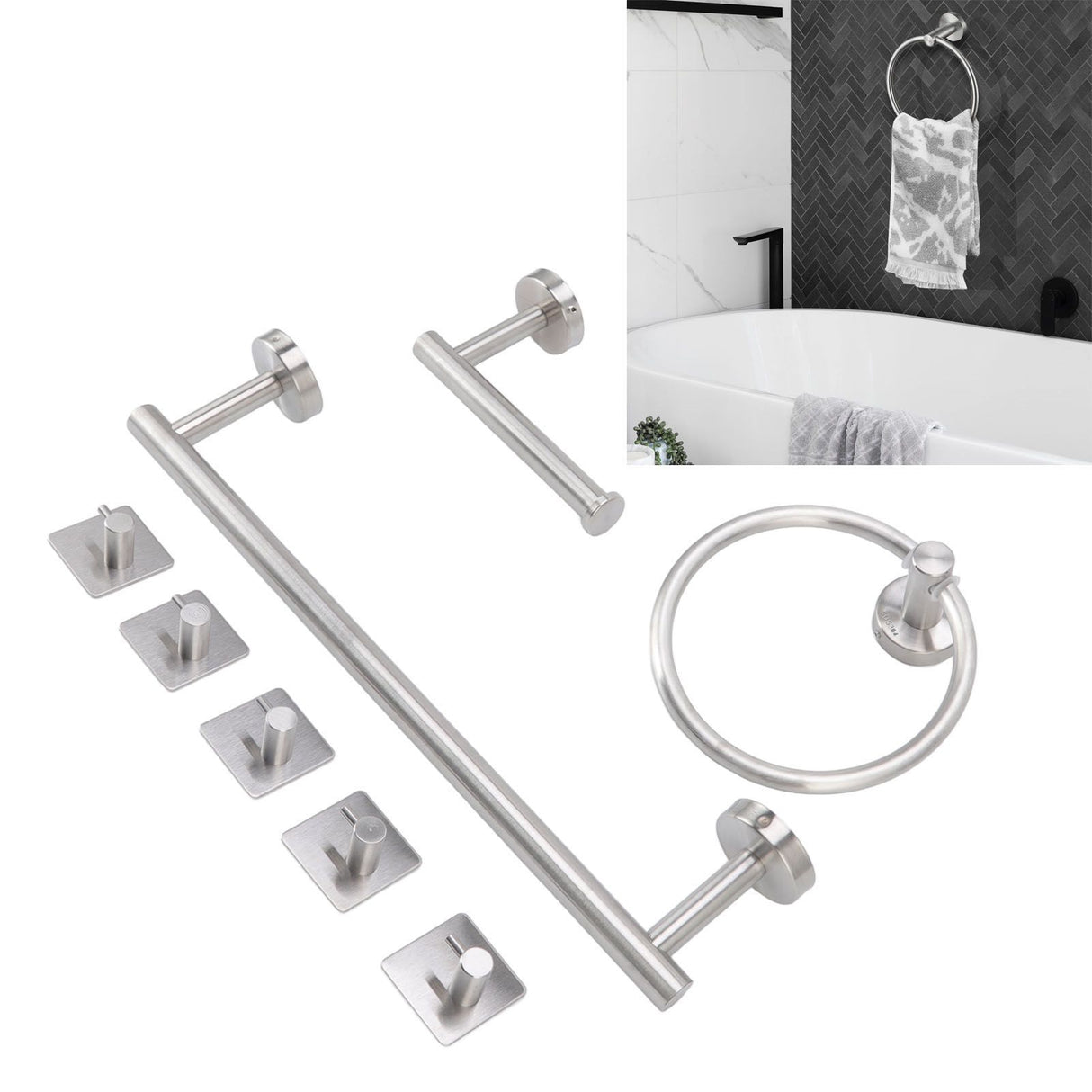 Bathroom Hardware Set with Towel Rings Towel Bar Tissue Holder 5 Hooks 304 Stainless Steel Bathroom Accessories Set