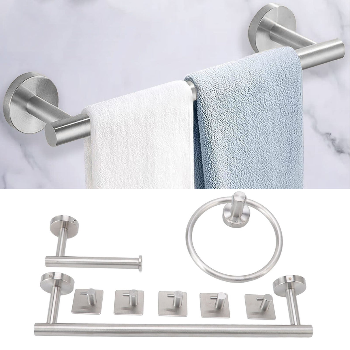Bathroom Hardware Set with Towel Rings Towel Bar Tissue Holder 5 Hooks 304 Stainless Steel Bathroom Accessories Set