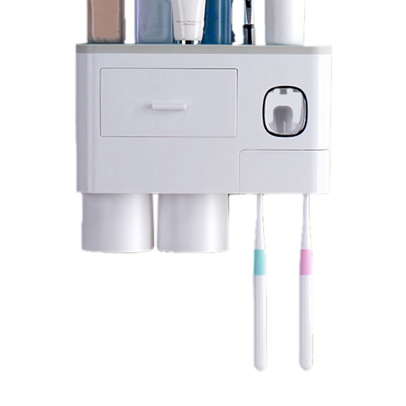 Wall Mounted Toothbrush Holder Multi Function Magnetic Absorption Bathroom Storage Rack with Drawer Toothpaste Dispenser 2 Cup Gray (24.4x11.3x20cm/9.6x4.4x7.9in)