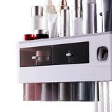 Wall Mounted Toothbrush Holder Multi Function Magnetic Absorption Bathroom Storage Rack with Drawer Toothpaste Dispenser 4 Cup Translucent Gray (38.4x11.3x20cm/15.1x4.4x7.9in)