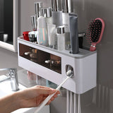 Wall Mounted Toothbrush Holder Multi Function Magnetic Absorption Bathroom Storage Rack with Drawer Toothpaste Dispenser 4 Cup Translucent Gray (38.4x11.3x20cm/15.1x4.4x7.9in)