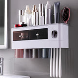 Wall Mounted Toothbrush Holder Multi Function Magnetic Absorption Bathroom Storage Rack with Drawer Toothpaste Dispenser 4 Cup Translucent Gray (38.4x11.3x20cm/15.1x4.4x7.9in)