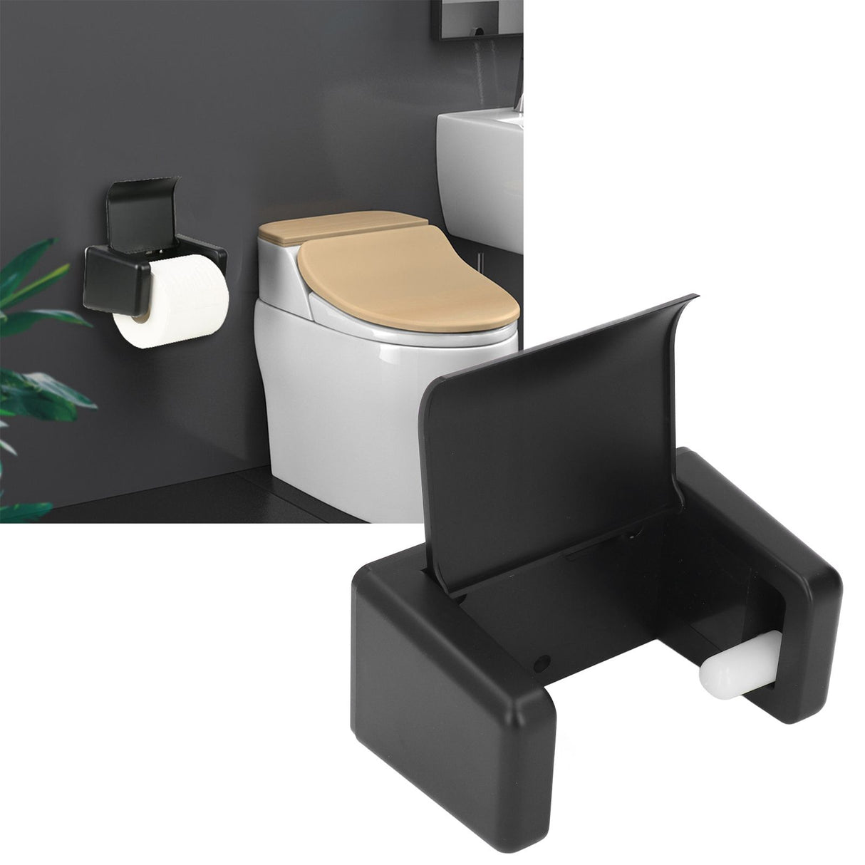 Toilet Roll Paper Holder Plastic Black Wall Mounted Self Adhesive No Punching Container for Bathroom Kitchen