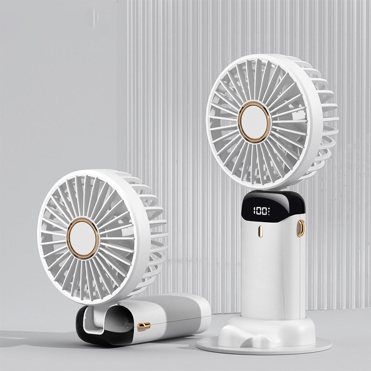 Folding Fan USB Digital Display Handheld Ergonomic Handle ABS PC Small Portable Fan for Outdoor White 3000M with Aroma Piece and Lanyard