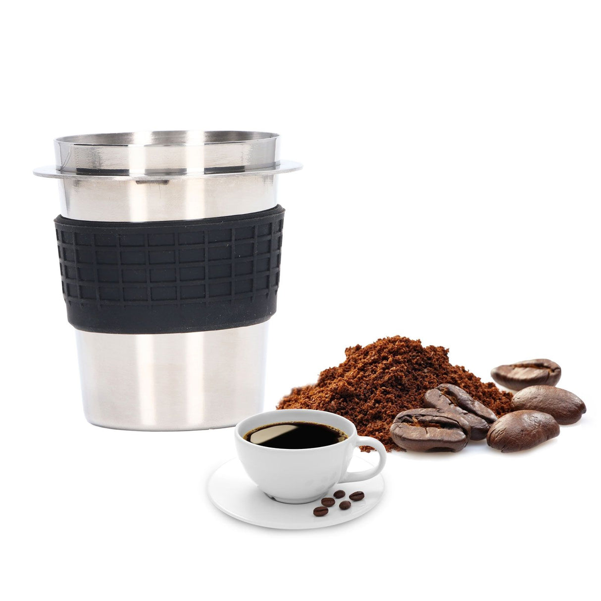 58mm Stainless Steel Coffee Dosing Cup Coffee Machine Handle Receiving Powder Cup with Silicone Ring Stainless Steel Color