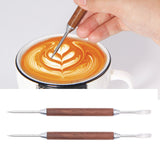 2PCS Coffee Art Pen Wooden Handle Stainless Steel Coffee Fancy Stitch Needle for DIY Decorating
