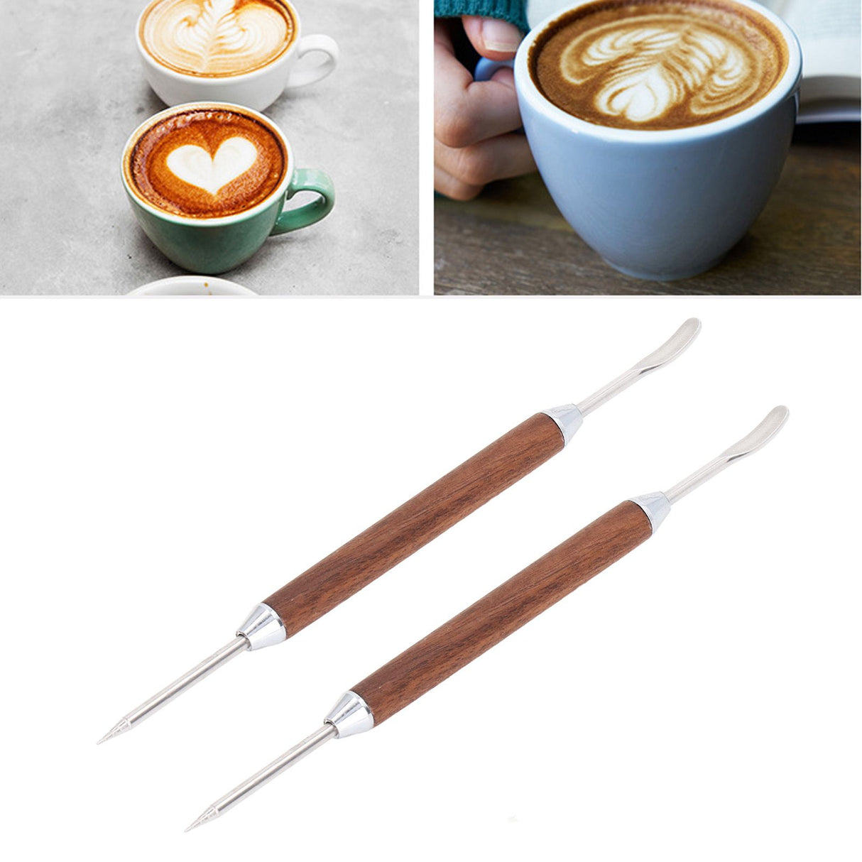 2PCS Coffee Art Pen Wooden Handle Stainless Steel Coffee Fancy Stitch Needle for DIY Decorating