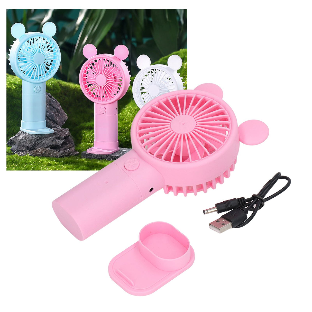 Handheld Fan Plastic USB Battery Dual Drive Built in Lithium Battery Mini Desk Fan for Summer Pink