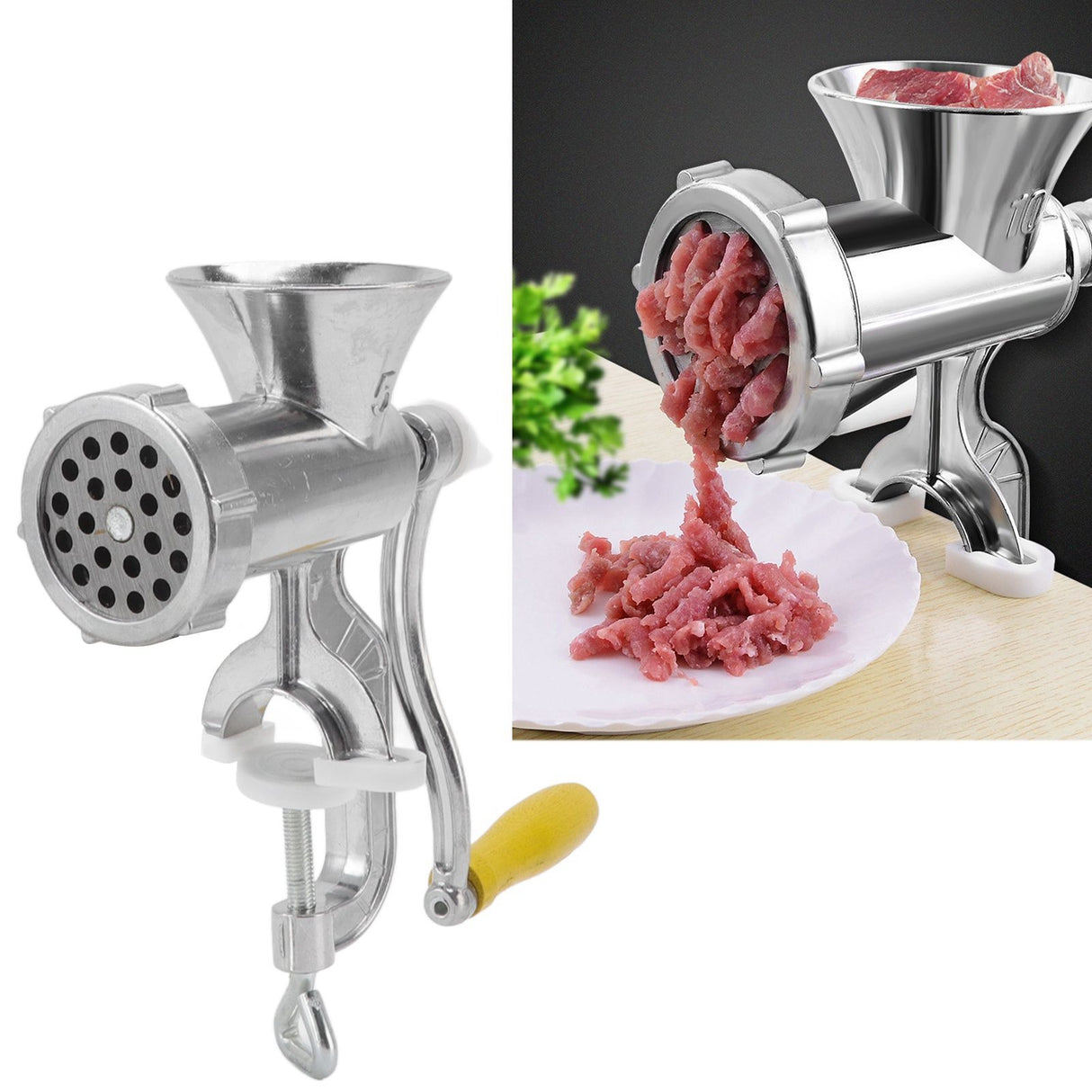Meat Grinder Small Aluminum Alloy Composite Wood Incisive Blade Silver Manual Meat Stuffer Sausage Maker for Beef Pork