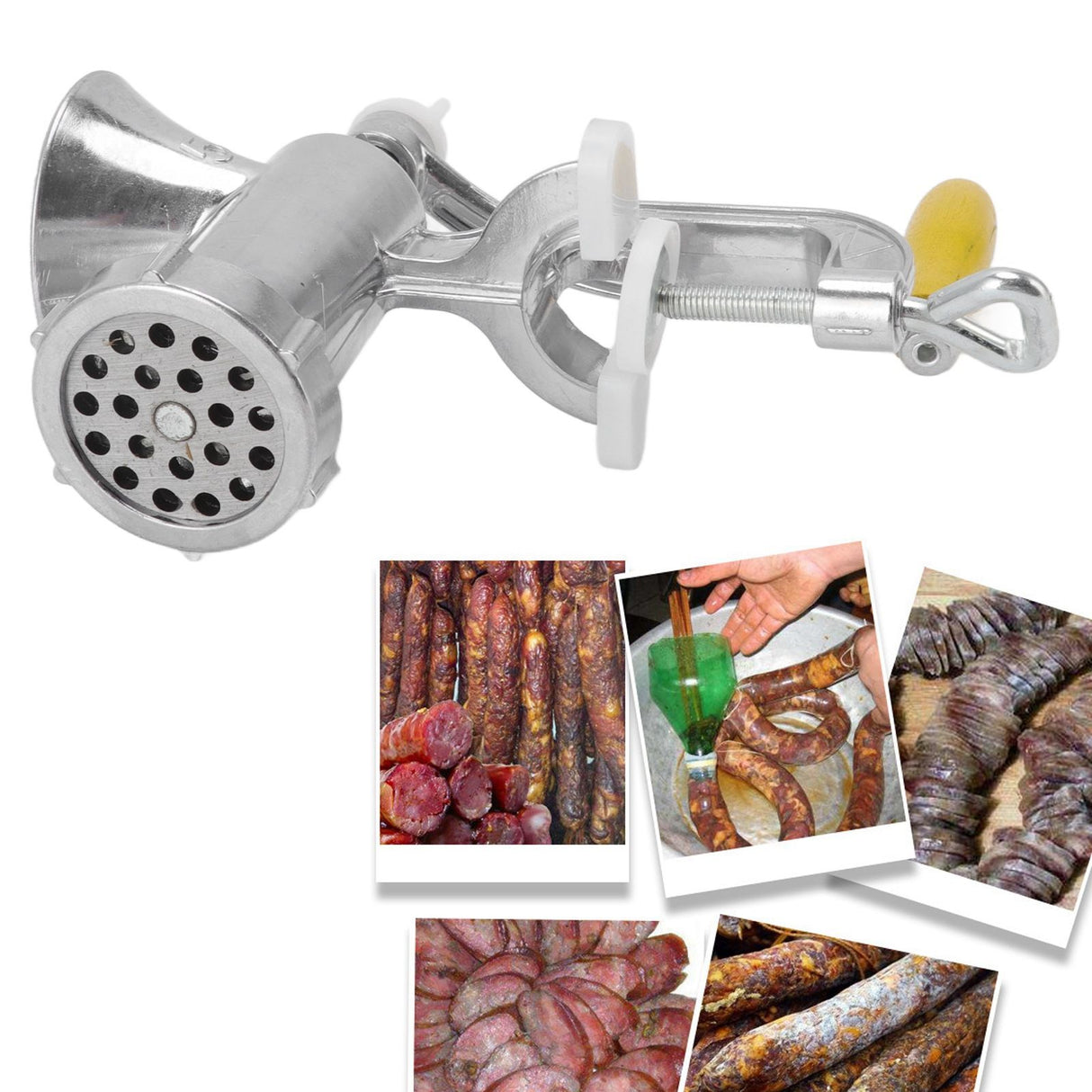Meat Grinder Small Aluminum Alloy Composite Wood Incisive Blade Silver Manual Meat Stuffer Sausage Maker for Beef Pork