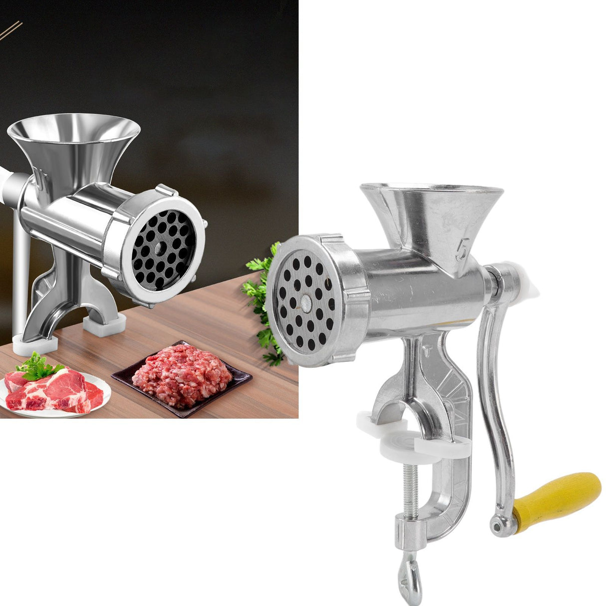Meat Grinder Small Aluminum Alloy Composite Wood Incisive Blade Silver Manual Meat Stuffer Sausage Maker for Beef Pork