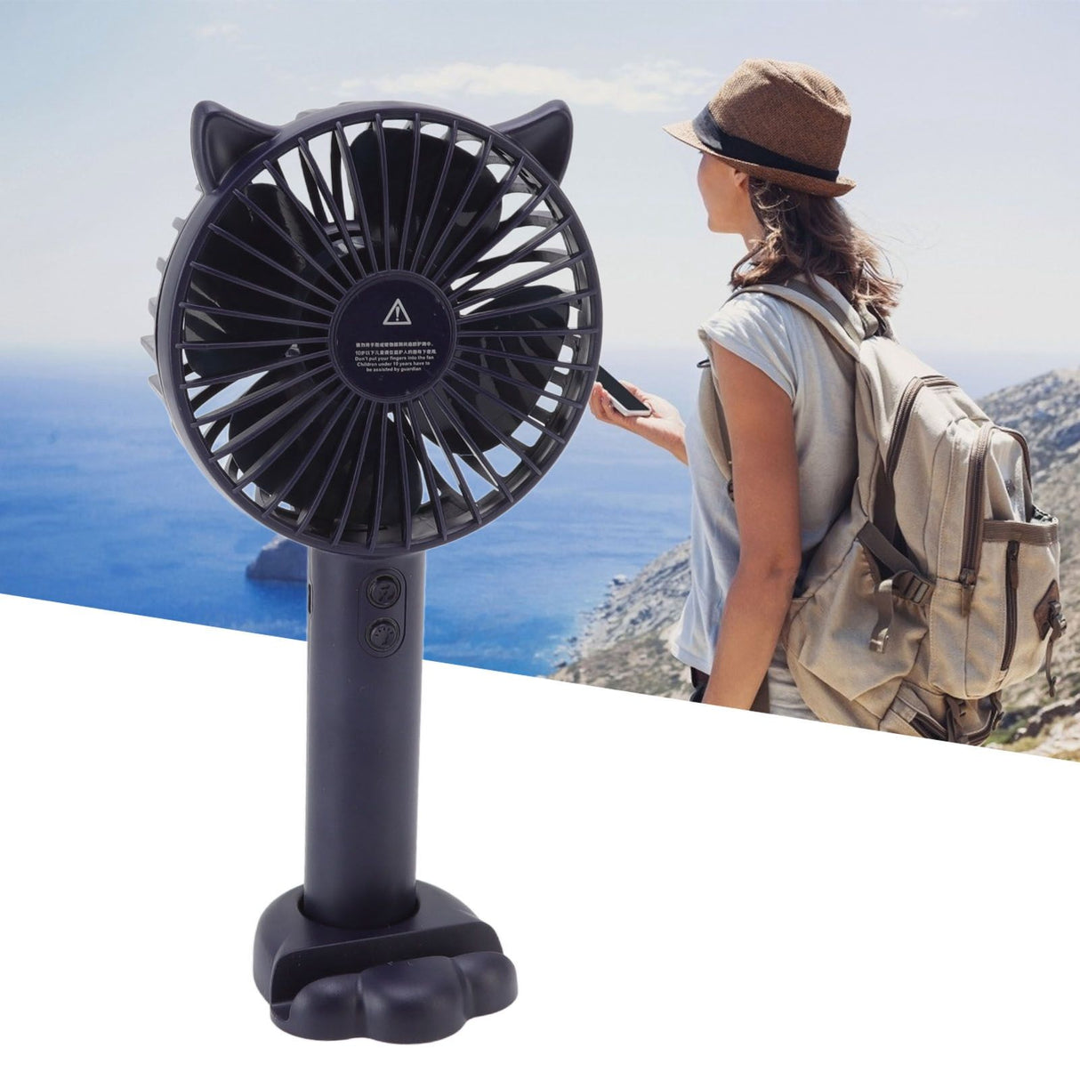 Hand Held Fan Portable USB Rechargeable Cute 3 Speed Wind Regulable ABS PC Battery Operated Fan for Travel Dark Blue