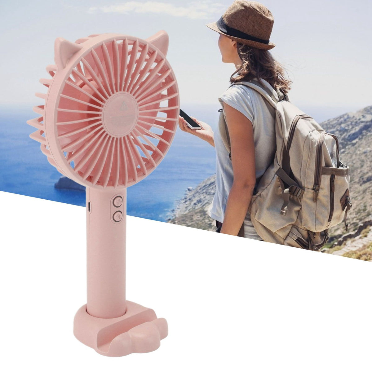 Hand Held Fan Portable USB Rechargeable Cute 3 Speed Wind Regulable ABS PC Battery Operated Fan for Travel Pink