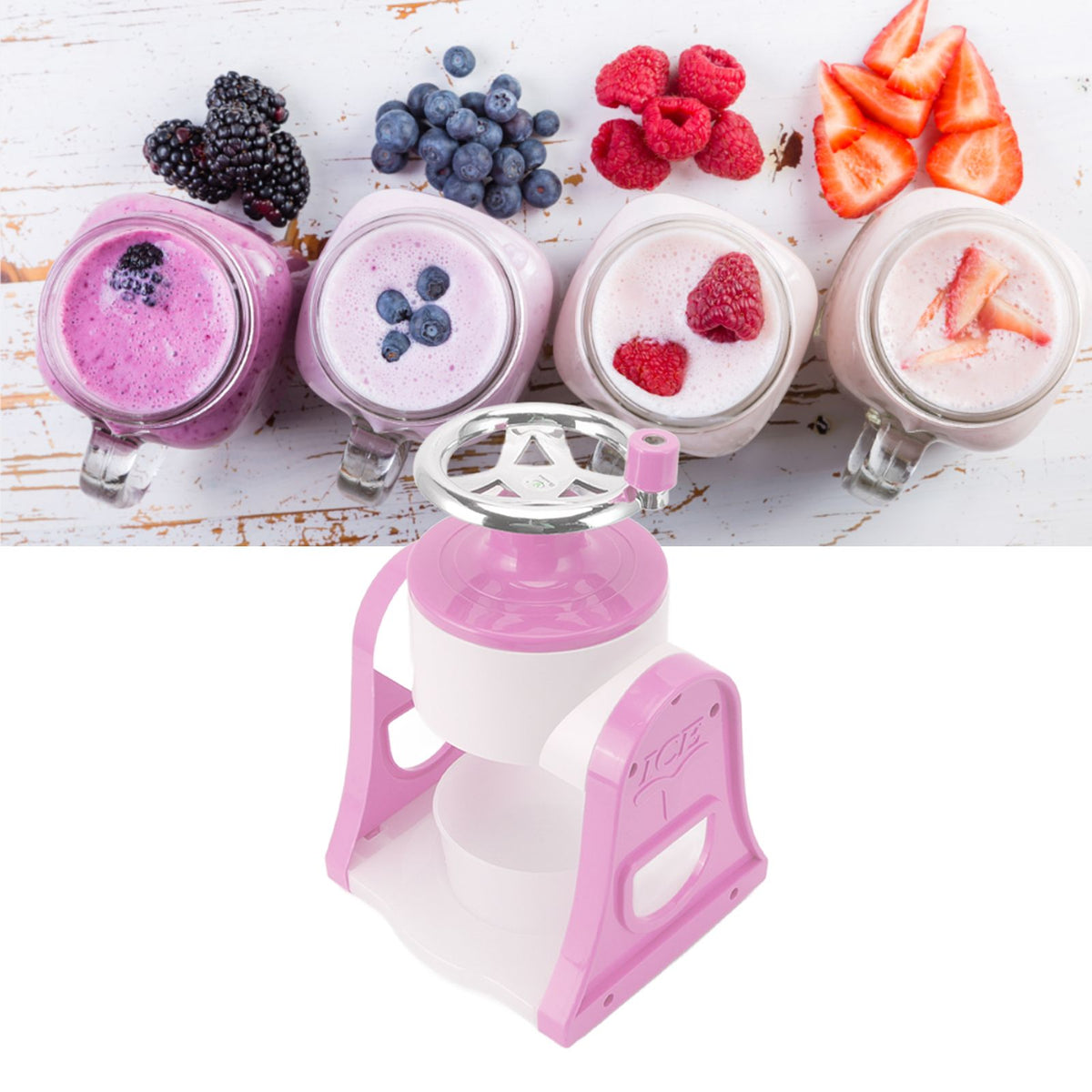 Hand Crank Shaved Ice Machine Stainless Steel Blades Safe Portable Ice Crusher for Home Restaurants Cafes Food Stalls Pink