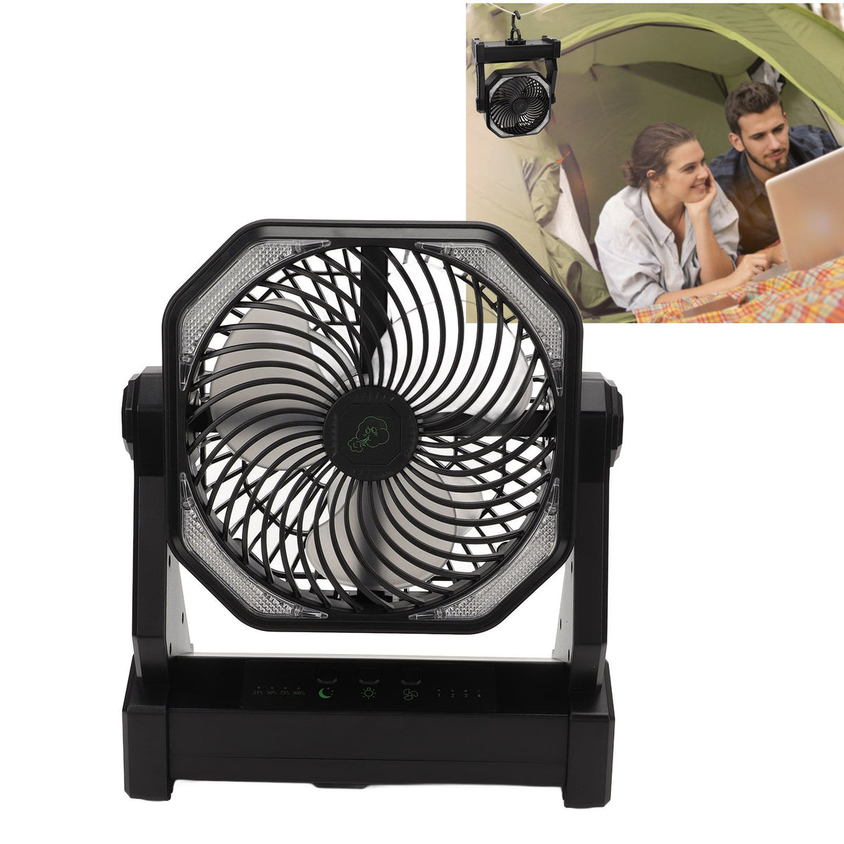 Camping Fan with LED Lantern 4 Levels 270 Degree Pivot Large Air Volume USB Rechargeable Outdoor Tent Fan with Light Hook Black
