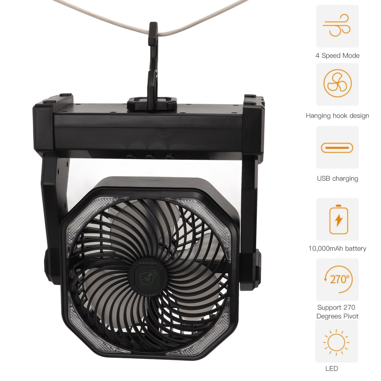 Camping Fan with LED Lantern 4 Levels 270 Degree Pivot Large Air Volume USB Rechargeable Outdoor Tent Fan with Light Hook Black