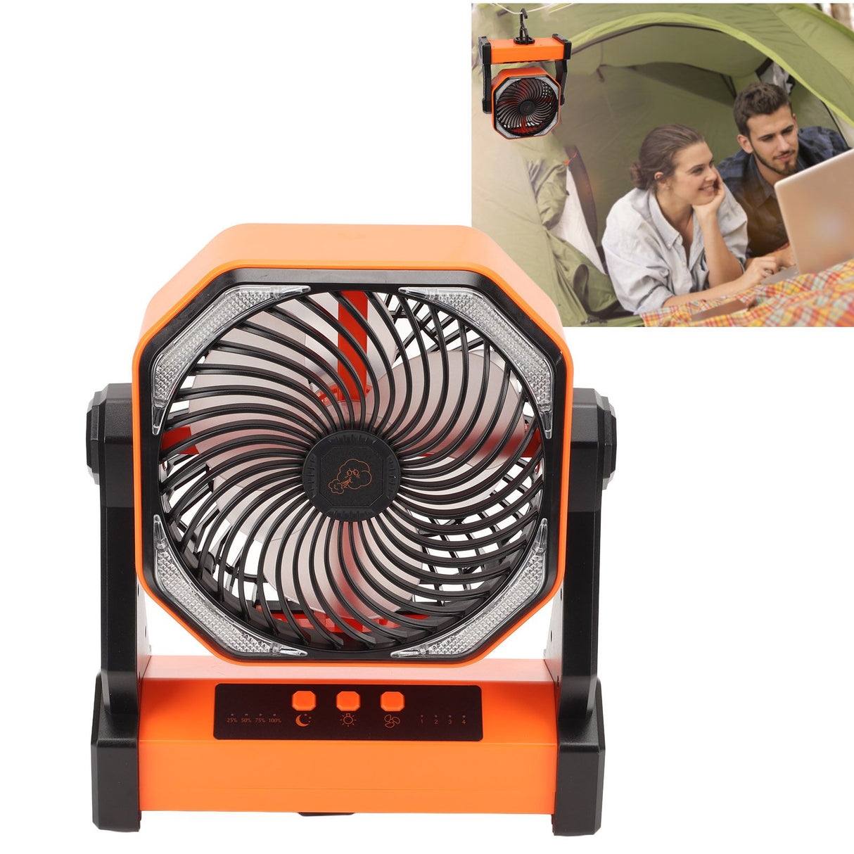 Camping Fan with LED Lantern 4 Levels 270 Degree Pivot Large Air Volume USB Rechargeable Outdoor Tent Fan with Light Hook Orange