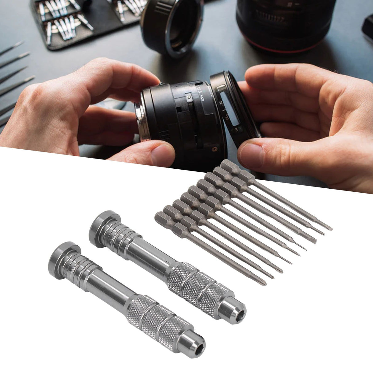 Steel Slotted Screwdriver Set with 9 Bits 2 Handles Hand Tool for Camera Lens Computer Electrical Maintenance