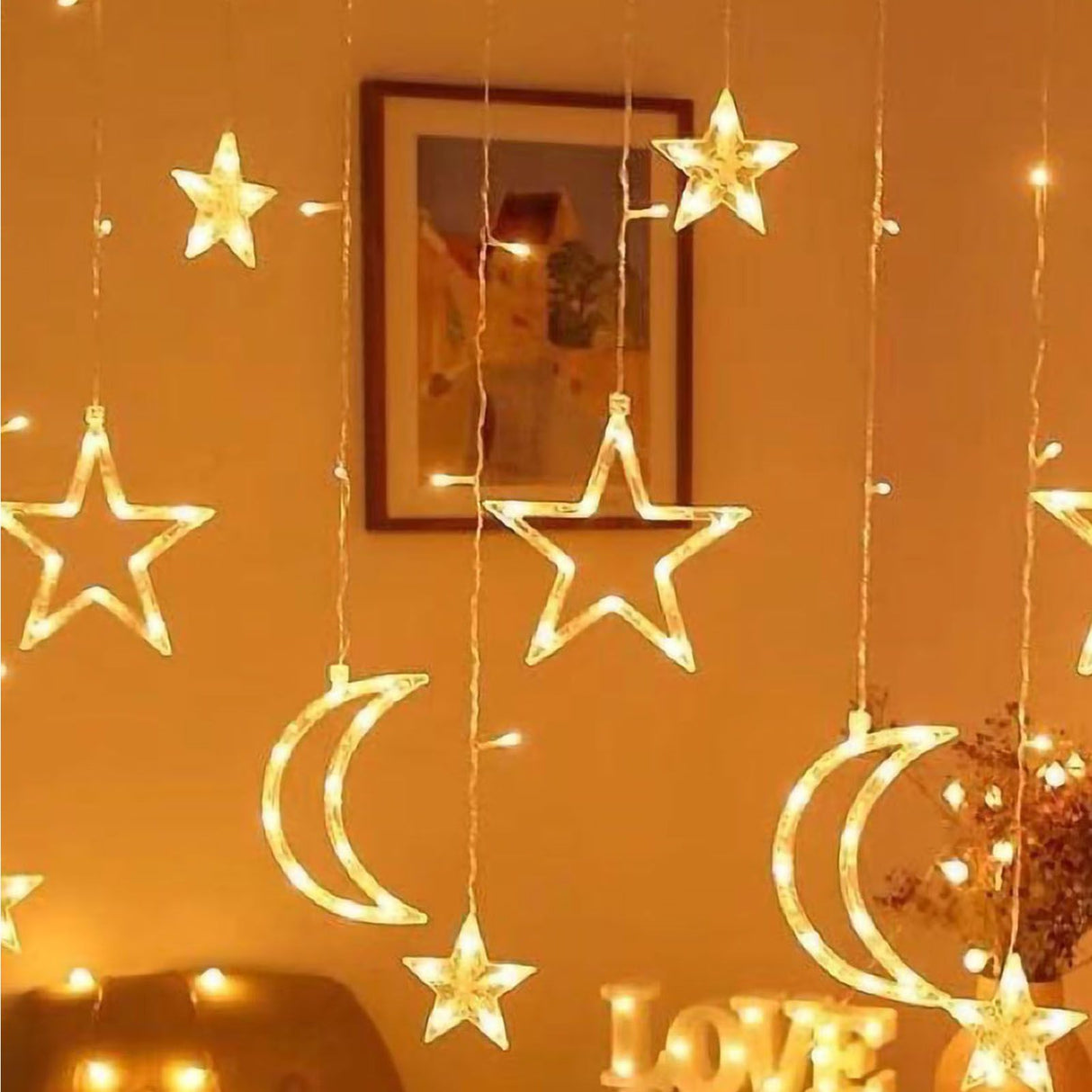 Star Moon Curtain String Lights LED Lamp Add Romantic Ambience Window Curtain Lights for Bedroom Living Room Shop Warm White