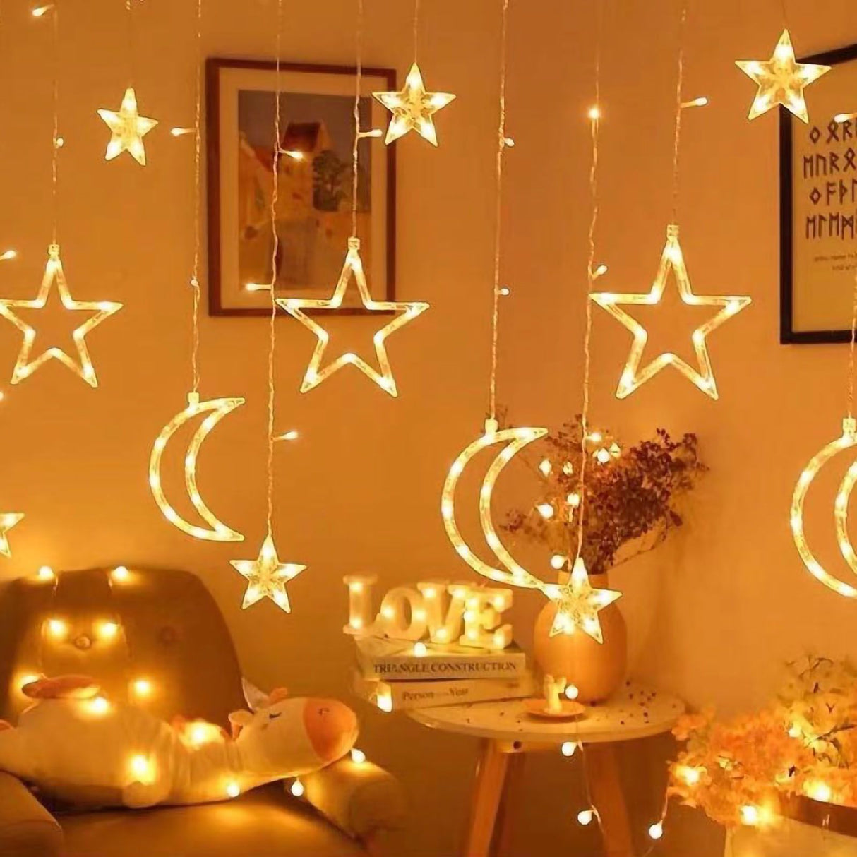 Star Moon Curtain String Lights LED Lamp Add Romantic Ambience Window Curtain Lights for Bedroom Living Room Shop Warm White