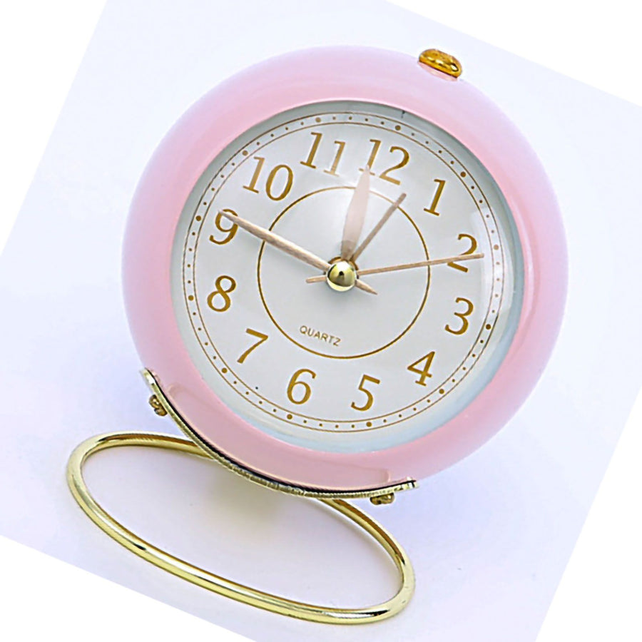 European Style Metal Clock Ingenious Mute Round Children Electronic Quartz Alarm Clock for Living Room Bedroom Pink