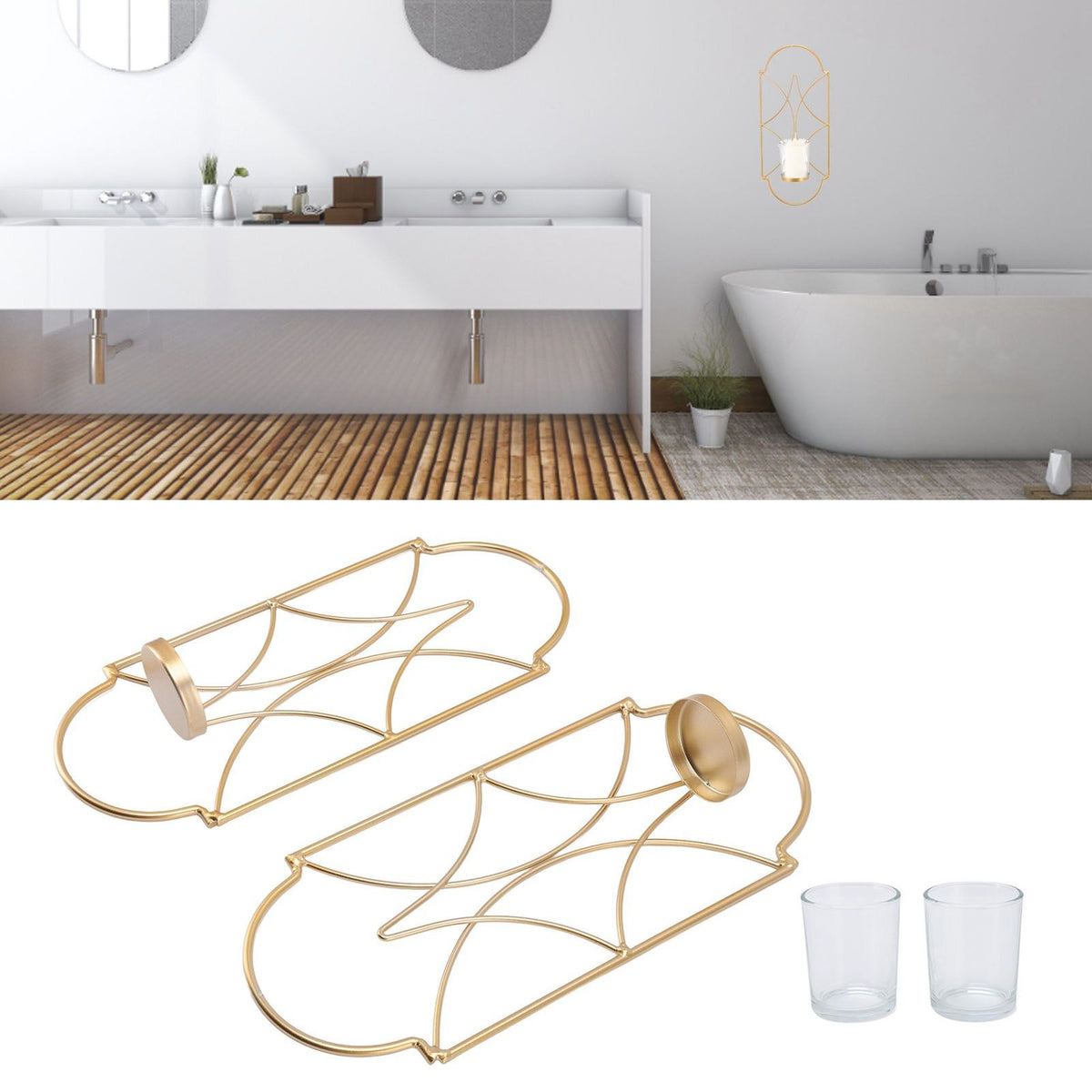 2Pcs Wall Mounted Candle Holder Iron Glass Sconces Decoration Accessories for Living Room Bedroom Gold