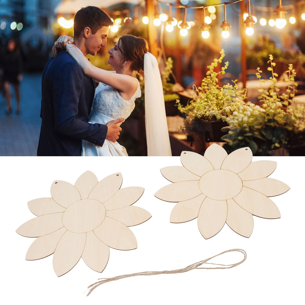 2pcs Wooden Flower Cutouts DIY Lotus Shape Unfinished Wooden Cutouts Home Garden Wood Chip Decor Pendant with 2 Hemp Rope