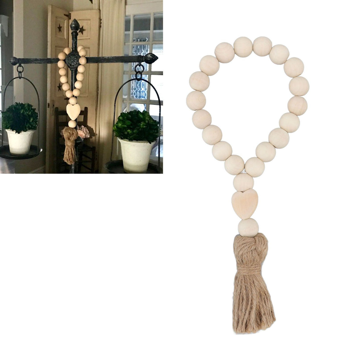 Farmhouse Beads Natural Hand Made DIY Multipurpose Wood Beads Garland with Tassels for Farmhouse Boho Country Decor