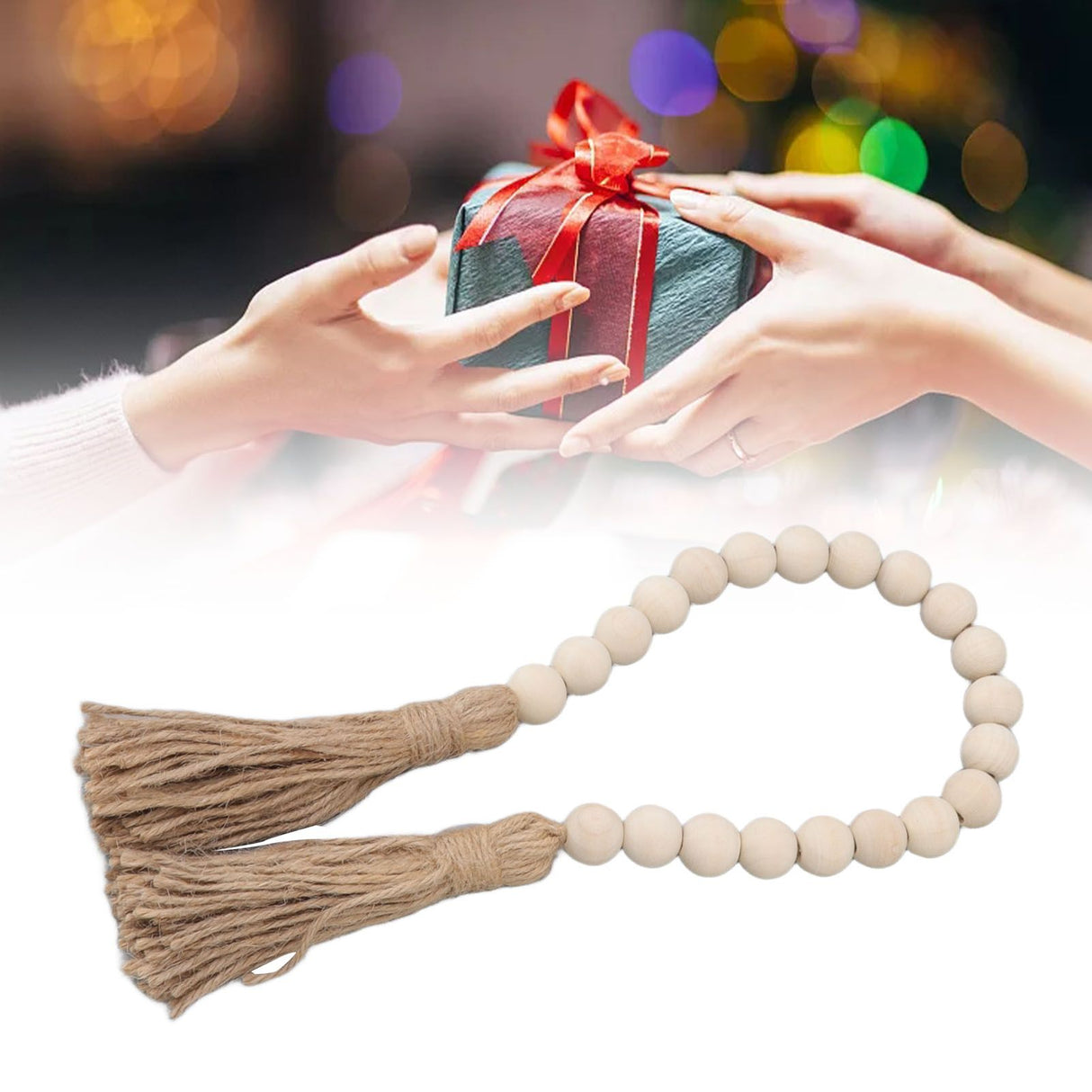 Natural Wood Bead Garland Hand Made Wall Hanging Bead Decoration with Tassels for Gifts Ornaments