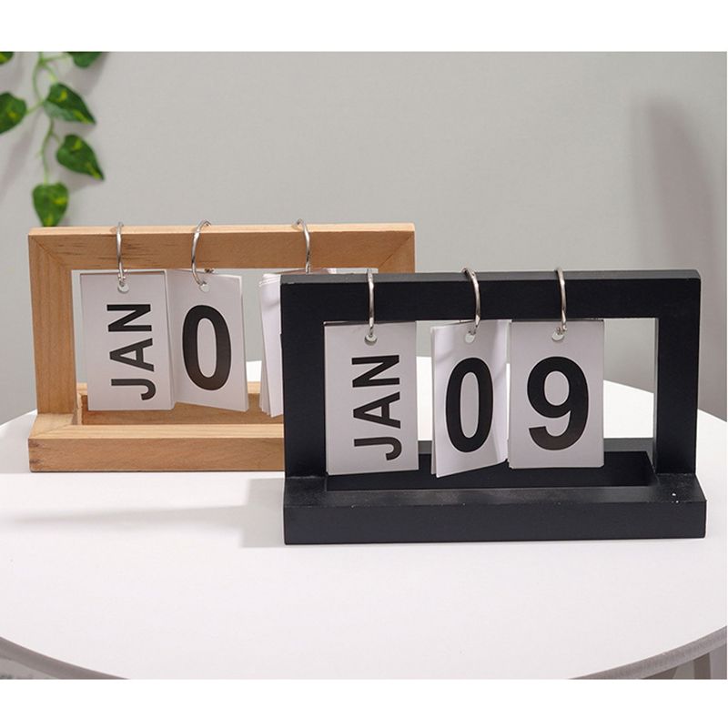Wooden Desk Calendar Flip Chart Page Turning Calendar Reusable Home Calendar Ornament Black