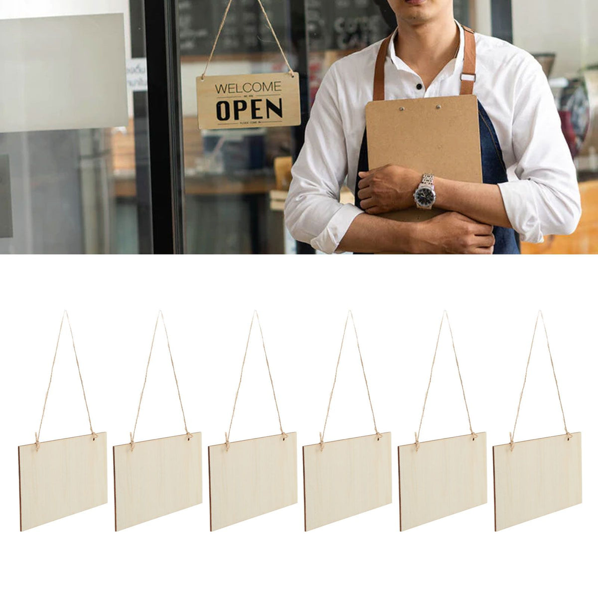 6pcs Blank Wooden Plaque Rectangle Decorative DIY Unfinished Wood Sign with Holes for Coffee Shop