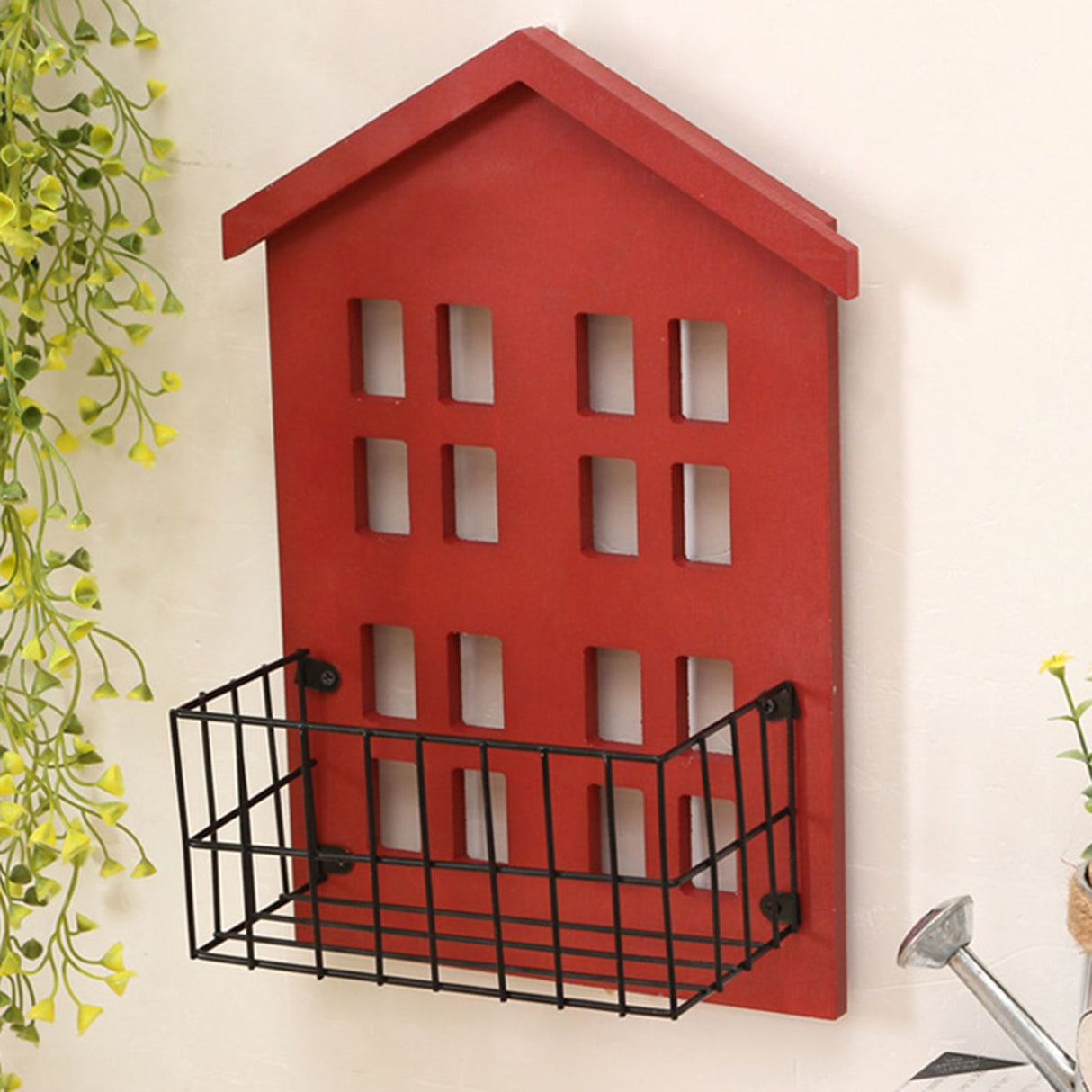 Wall Storage Shelves Hand Made Wood House Shape Wall Mounted Shelf for Bedroom Living Room Red