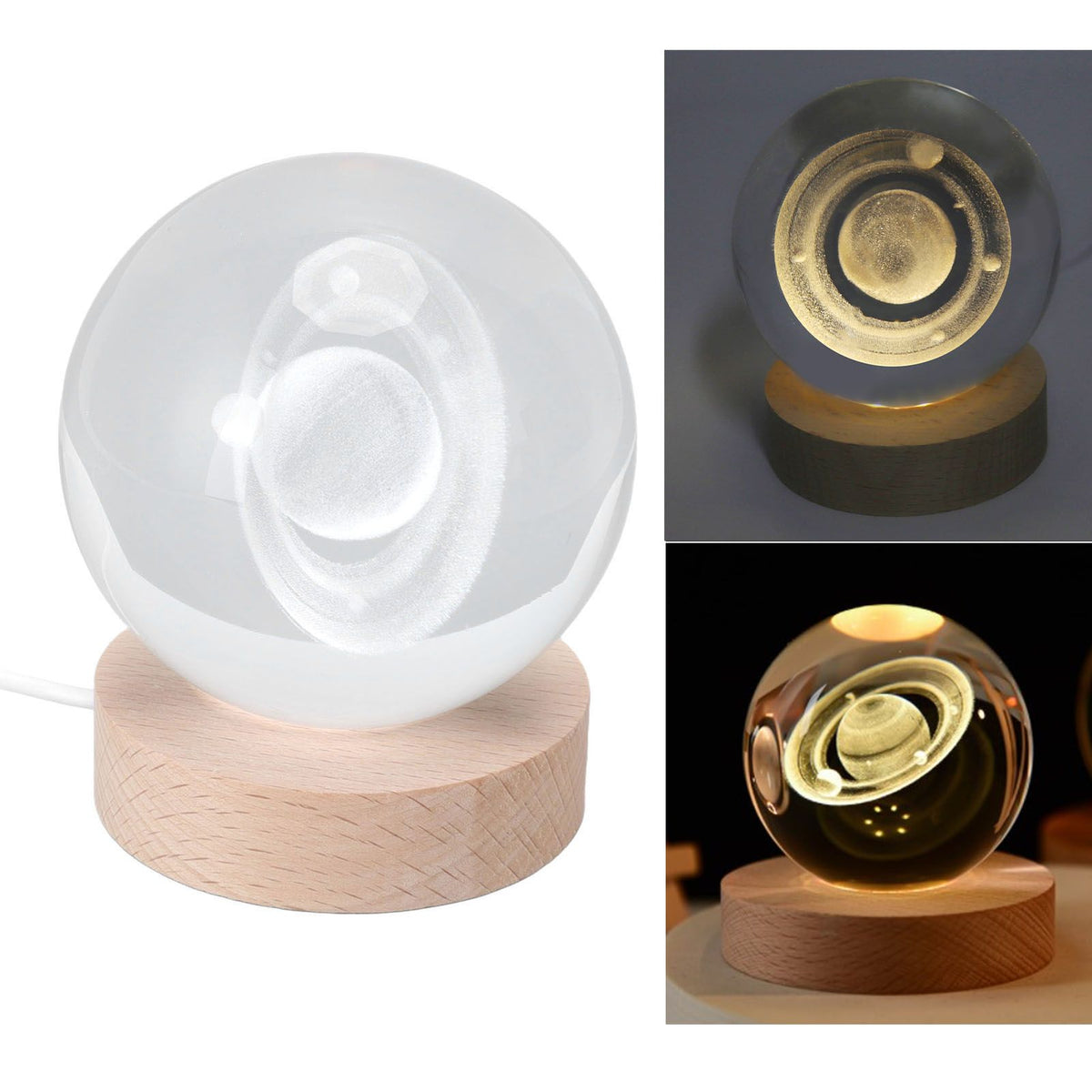 3D Saturn Night Lamp Crystal Ball Night Light LED Wooden Inter Carving Tabletop Ornaments for Friends Kids Gifts Saturn Warm Light