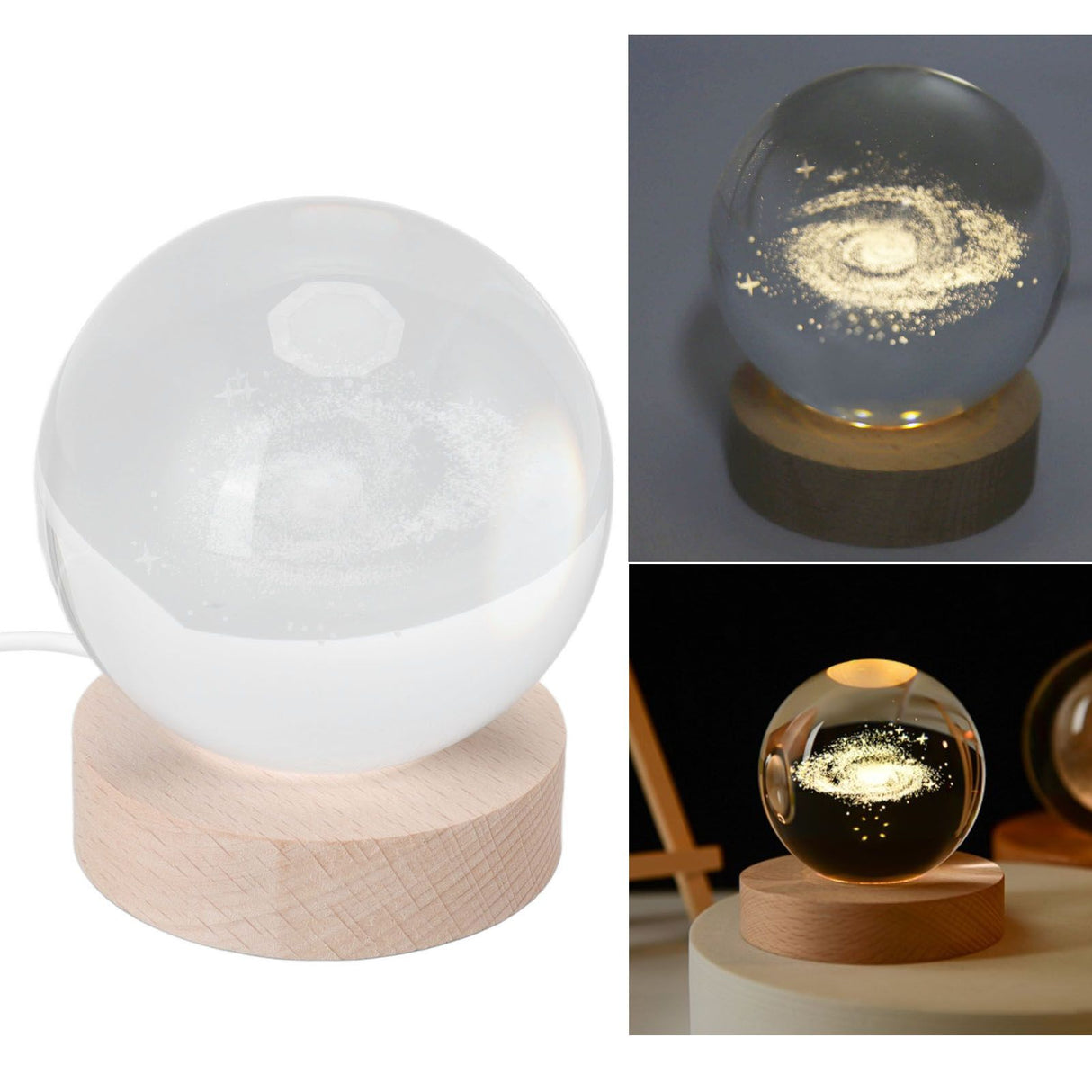 Crystal Ball Night Light Wired Button Switch Round 3D Decorative Crystal Ball with Base for Home Galactic System Warm Light