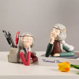 Brush Pot Pen Holder Container Cute Girl Styling Desktop Decoration Ornaments Resin Craftwork Bag Girl Red - Front View