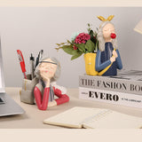Brush Pot Pen Holder Container Cute Girl Styling Desktop Decoration Ornaments Resin Craftwork Bag Girl Red
