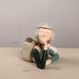 Brush Pot Pen Holder Container Cute Girl Styling Desktop Decoration Ornaments Resin Craftwork Bag Girl Green - Front View