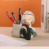 Brush Pot Pen Holder Container Cute Girl Styling Desktop Decoration Ornaments Resin Craftwork Bag Girl Green