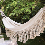 Double Hammock Wearable Portable Rustic Tassel Adult Hammock with 2 Tie Ropes Storage Bag for Camping Indoor Outdoor Beige