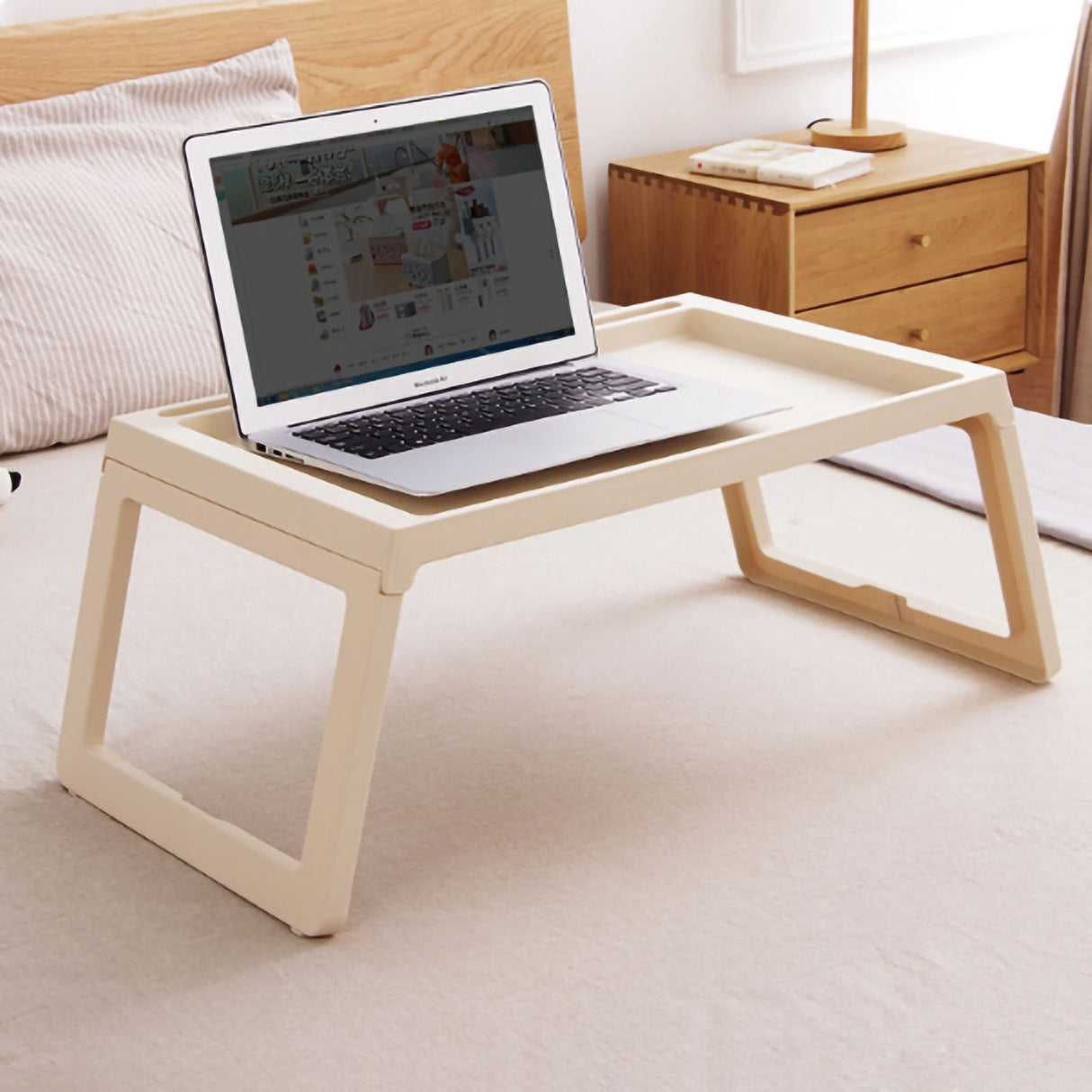 Laptop Bed Desk PP Folding Simple Downward Grooved Design Lap Desk Bed Table with Charging Hole for Bedroom Dorm Beige 68x35.8x27.5cm