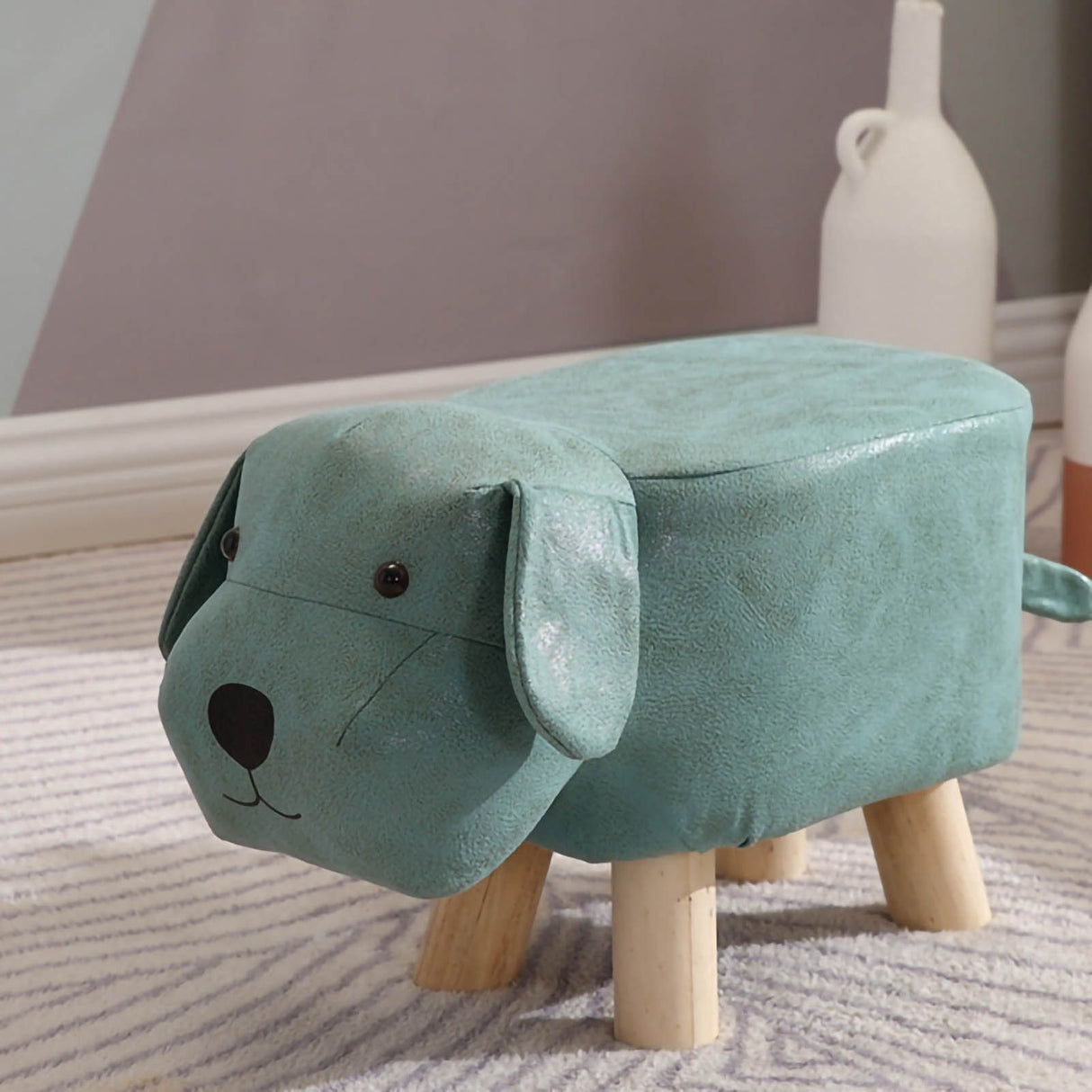 Children Wooden Low Stools Cute Cartoon Children Stool Small Dog Shape Stool for Home Kindergarten Light Green