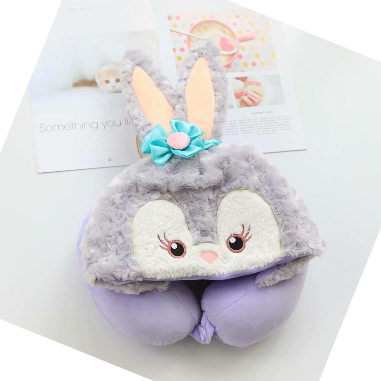 Hooded U Shaped Pillow Cute Cartoon Travel PP Cotton U Shaped Neck Pillow for Airplane Seat Purple Rabbit