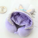 Hooded U Shaped Pillow Cute Cartoon Travel PP Cotton U Shaped Neck Pillow for Airplane Seat Purple Rabbit
