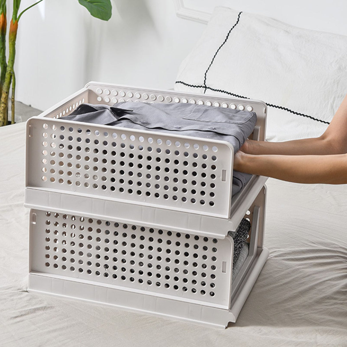 Stackable Storage Basket Plastic Large Open Drawer Wardrobe Cloth Container for Bedroom Living Room Offwhite