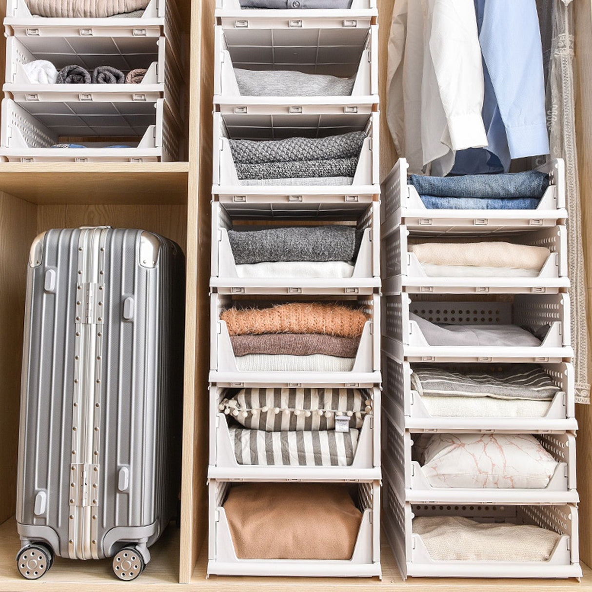 Stackable Storage Basket Plastic Large Open Drawer Wardrobe Cloth Container for Bedroom Living Room Offwhite