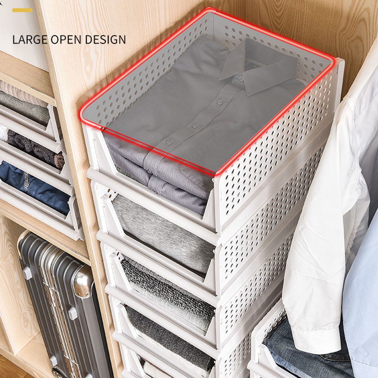 Stackable Storage Basket Plastic Large Open Drawer Wardrobe Cloth Container for Bedroom Living Room Offwhite